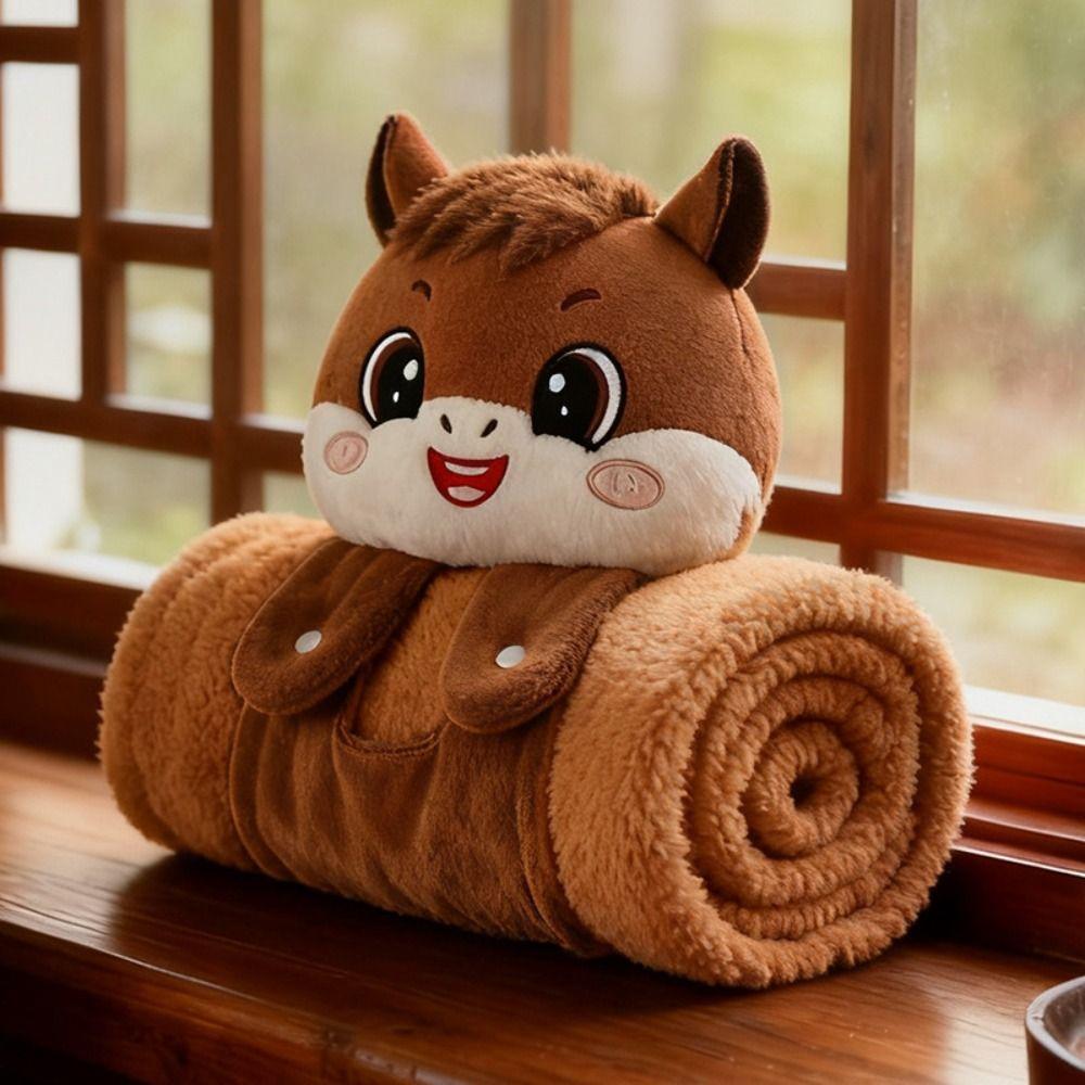 Soft Warm Horse Mascot Blanket Comfortable Fluffy Throw New Year Throw Blanket Folding Cartoon Flannel Blanket Travel