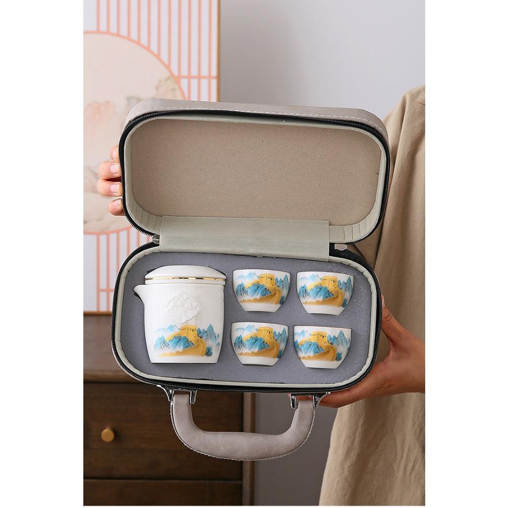 Skopový tuk Jade Bílý porcelán Cestovní čajová souprava Kung Fu Hrnec se čtyřmi šálky Sada přenosných sáčků Venkovní keramický čaj Rychlý šálek