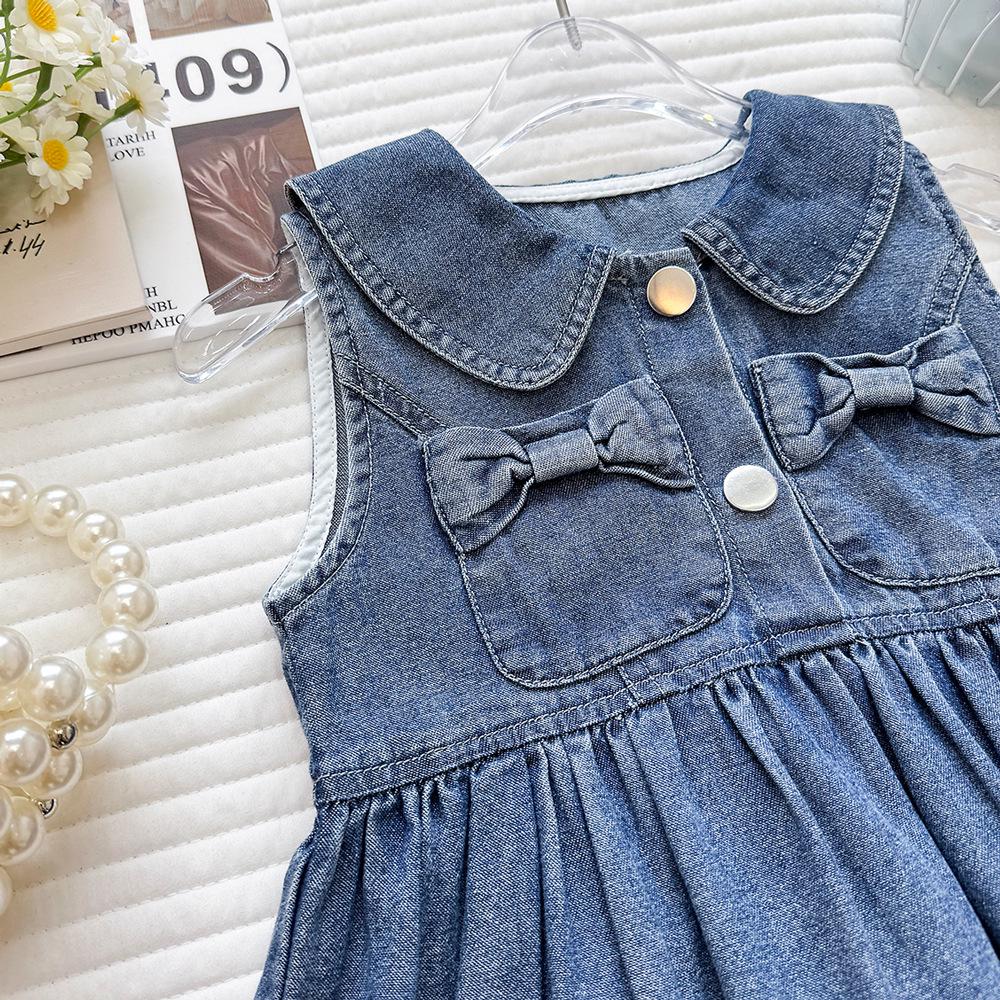 2026 Girls' Lace-Trim Denim Pinafore Dress with Bow and Doll Collar