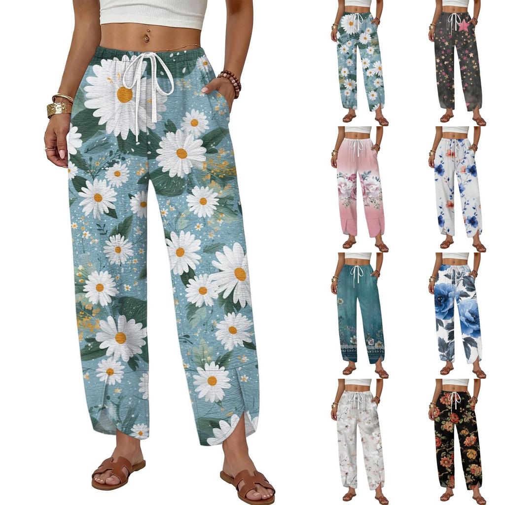 Women's Casual Straight Leg Wide Leg Drawstring Print Pants