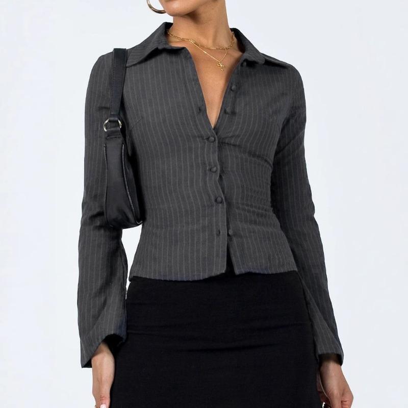 Mode Chemise Rayée Coupe Ajustée pour Femme Manches Longues Blouse Élégante Col de Chemise Bureau Décontracté Hauts Courts Simples Simples Printemps Été Streetwear Vêtements de Base