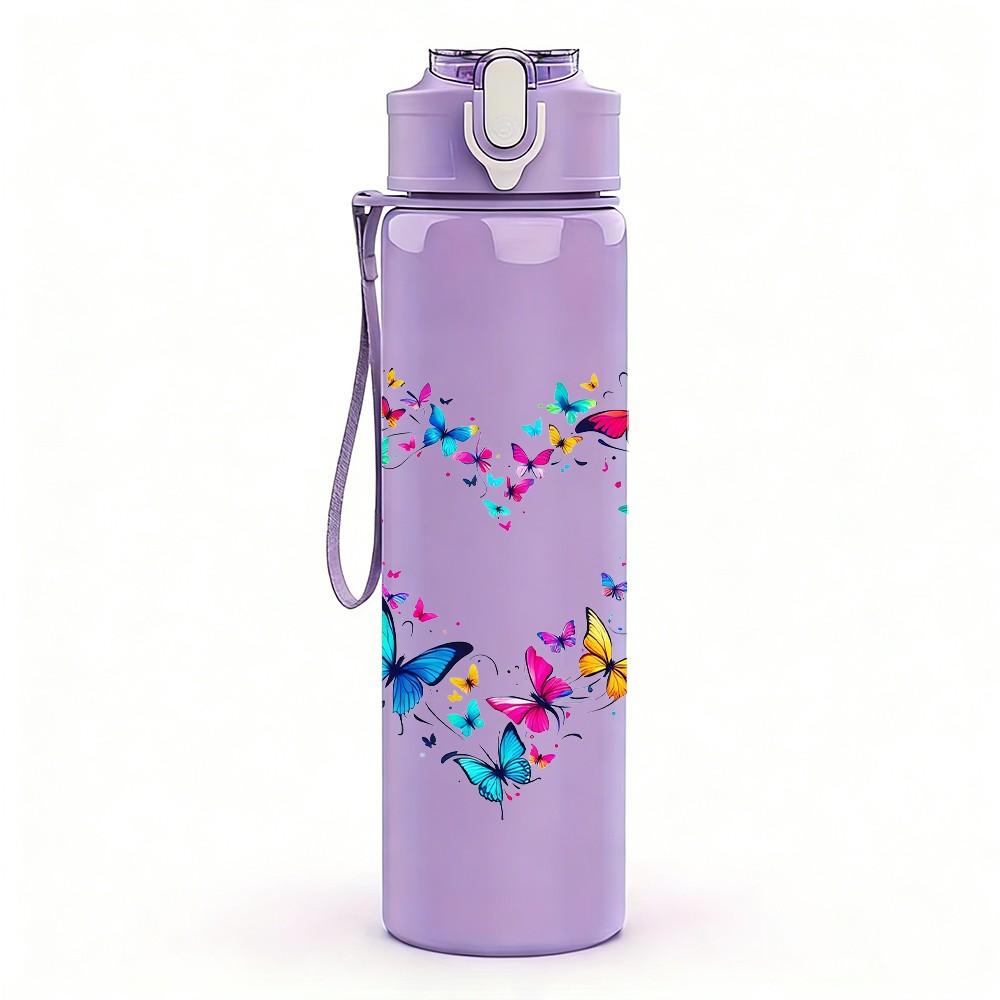 1PC Heart Shaped Floral Art Pattern 750ml Color Plastic Sports Water Bottle Leakproof Flip Straw Lid Suitable for Sports Office Home Use