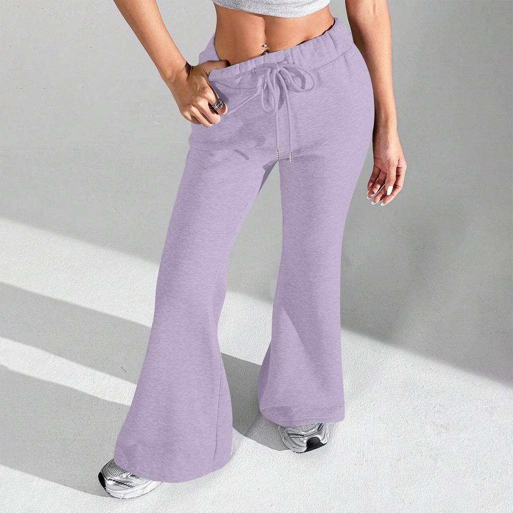 Ladies Fashion Loose Draw String Waist Solid Color Cargo Pants Leisure Flares