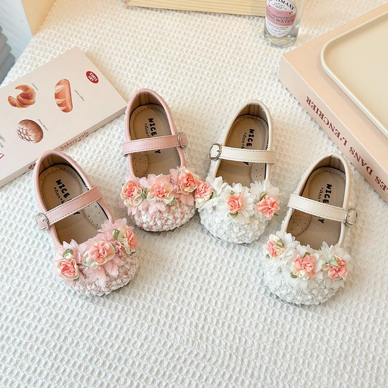 Girls Flower Decorated Korean Style Princess Soft Sole Kids Leather Loafers