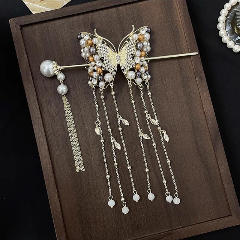 

Luxurious Elegant Colored Pearl Butterfly Tassel Alloy Hair Clip Women s Bundle Hair Clip Party Fashionable Hair Accessory