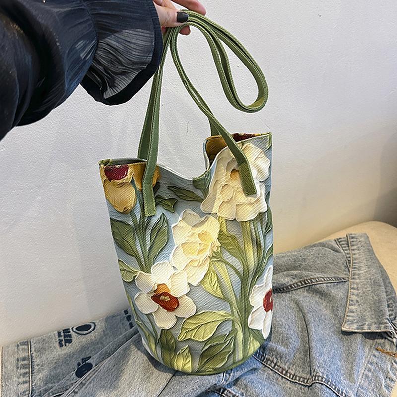 Yogodlns Nová Módní Květinový Vzor Kbelíková Taška Plátěná Ležérní Taška přes Rameno Velká Kapacita Kreativní Kabelka pro Ženy