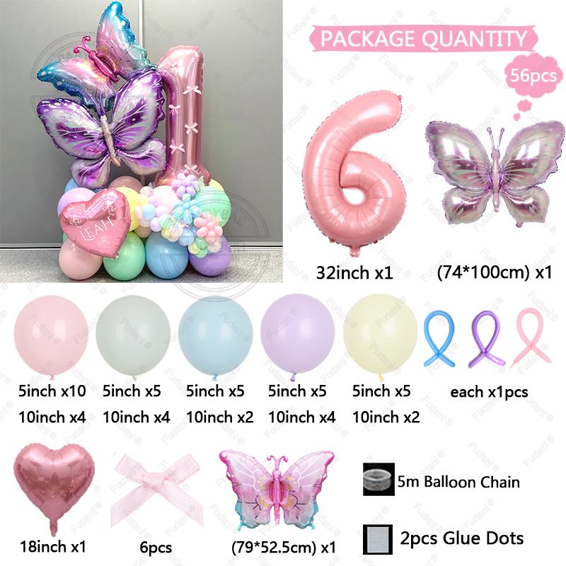 56pcs/set Butterfly Number Balloon Set Pink Numbers 1-9 Purple Butterflies for Valentine's Day Anniversary Birthday Party Decors