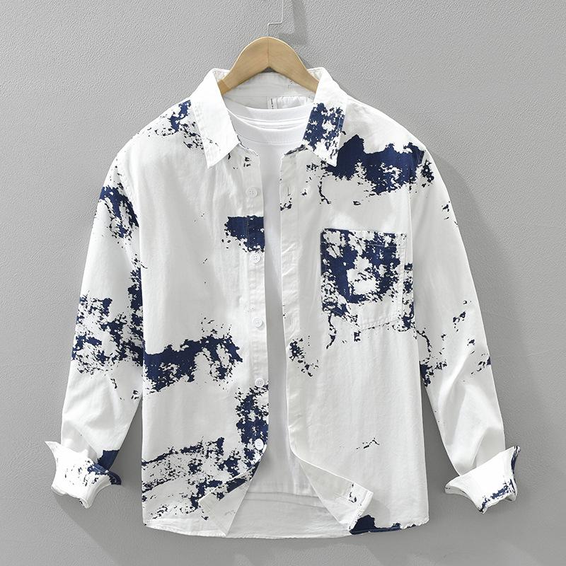 

Japanese Fashion Printed Shirts Long Sleeve Men s Casual Shirt Spring and Summer Streetwear Men Tops Pure Cotton Clothing M белый