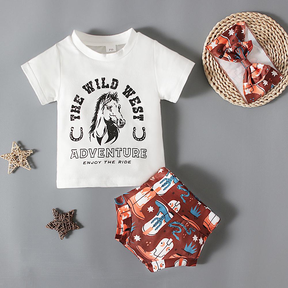Summer Baby Animal Printed Tee Shirt + Shorts + Headband 3PCS Outfits Clothes for 0-3 Years