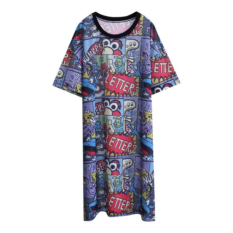 Damen Locker Große Größe Bauchbedeckung Cartoon Cartoon Kurzarmkleid Lässiger Stil Hauskleid Über Knie Nachthemd