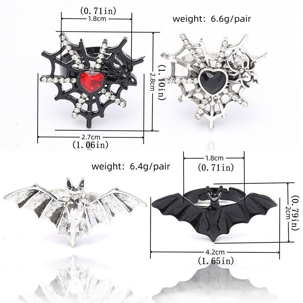 Dark Fashion Gothic Bat Ring Shiny Rhinestone Halloween Opening Ring Spider Web Heart Ring  Gift