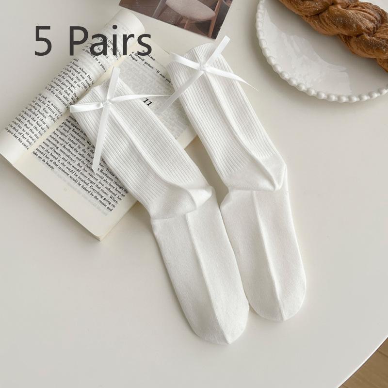 5 Pairs of Women's Bow Tie Versatile Mid Calf Stacking Socks