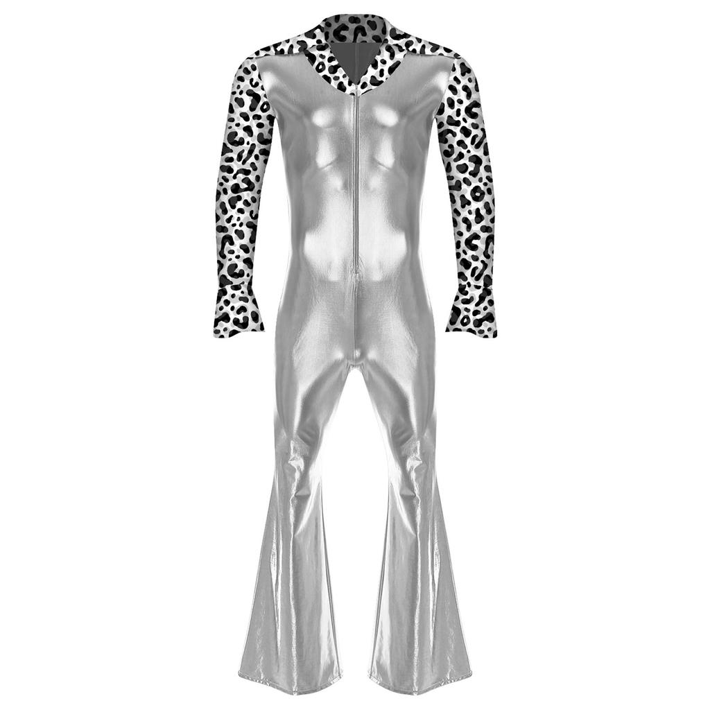 Mens Hippie Rompers Lapel V Neck Flare Long Sleeve Split Cuffs Bell Bottom Pants Jumpsuit