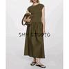 Summer New Arrival Women's Clothing Retro Simple Waist Fitted Round Neck Short Sleeve Pleated Horn Dress 77044073
