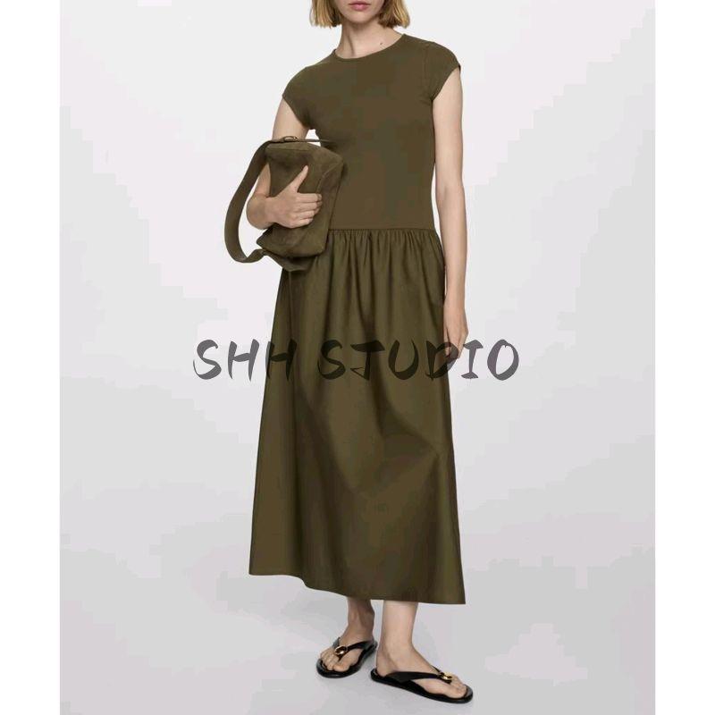 Summer New Arrival Women's Clothing Retro Simple Waist Fitted Round Neck Short Sleeve Pleated Horn Dress 77044073