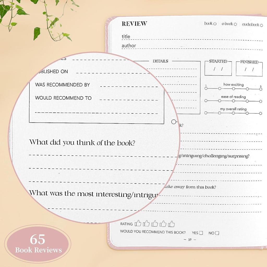 Pink 5.8x8.3 Leather Reading Journal - Gift for Book Lovers and Readers, Review and Track Your Reading with 65 Book Reviews