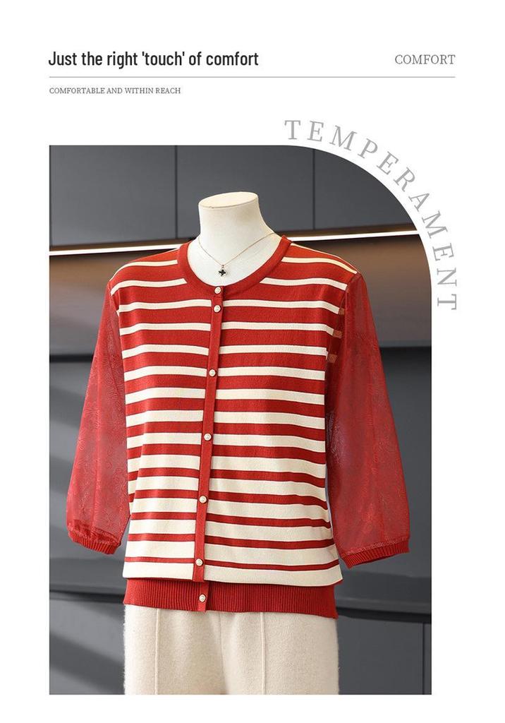 Trendy Spring Striped Knit Top for Moms - New Style for Middle-Aged and Elderly Women, Lightweight Base Layer Shirt