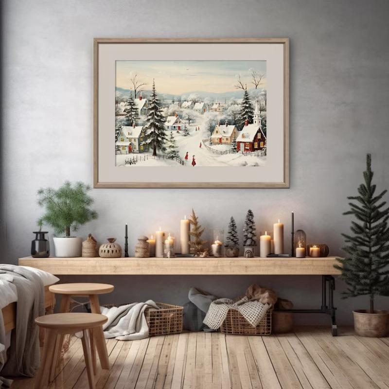 Christmas Holiday Horse Bunny Winter Landscape Church Barn Poster and Prints Painting Wall Pictures for Living Room Home Decor