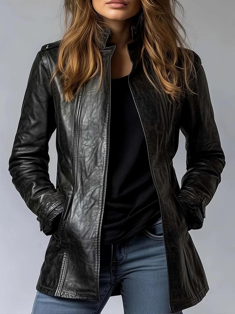 Women's Gothic PU Leather Jacket: Distressed, Trendy, Stand Collar, Long Sleeve.