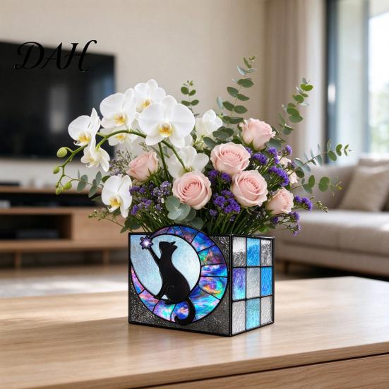 Desktop Pen Holder Stained Glass Style Holder, Unique Acrylic Organizer, 3D Plant Pot Embossed Relief Pattern Planter for Succulents And Office