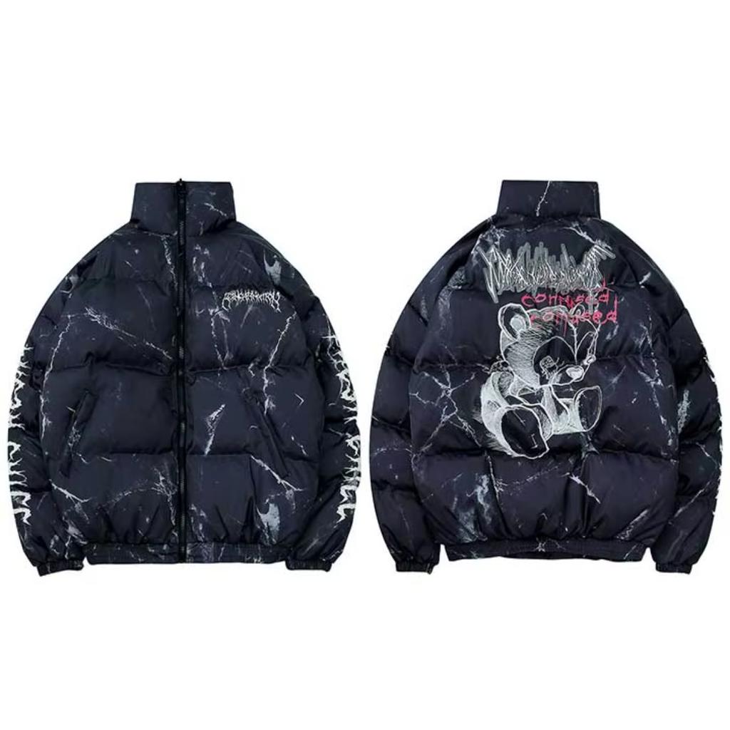 FlowStreet Parka Giacca Hip Hop Stampa Orso Ferito Uomo Invernale Giacca a Vento Streetwear Giacca Imbottita Cappotto Caldo Capo Esterno Hipster Nuovo