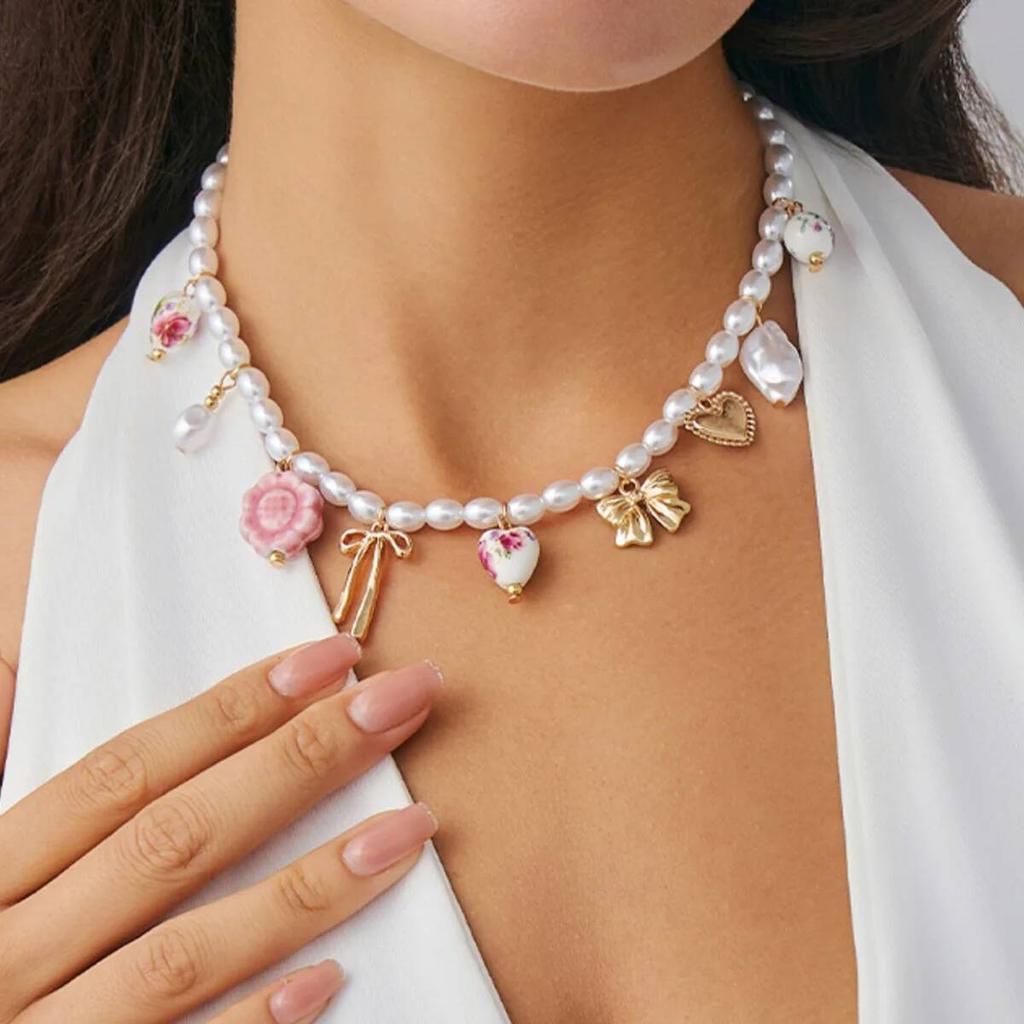 KunJoe Elegant Imitation Pearl Short Choker Necklace for Women Cute Ceramic Beads Flower Love Heart Pendant Necklace Y2K Jewelry