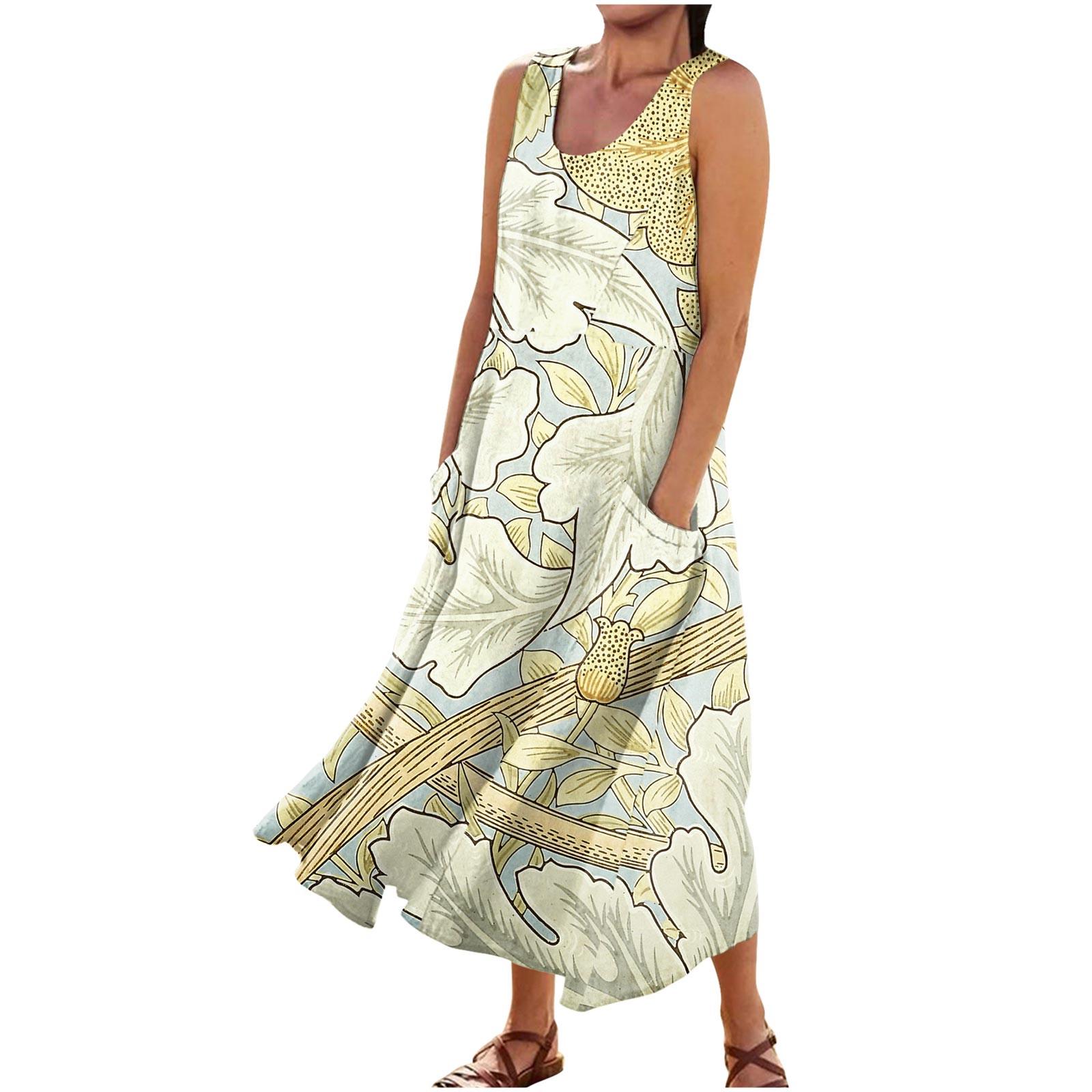 Женское летнее повседневное модное платье без рукавов с круглым вырезом и карманом — фото 5