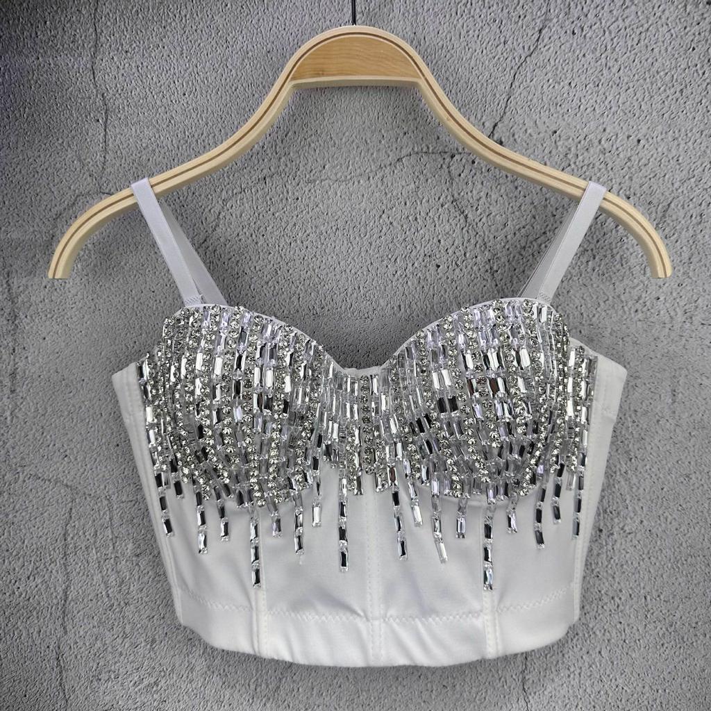 Sexy Nightclub Dancing Innerwear Strapless Tank Top with Rhinestone Embellishment Outerwear Stylish Short-sleeve Bust-enhancing Fishbone Bra Top Camis