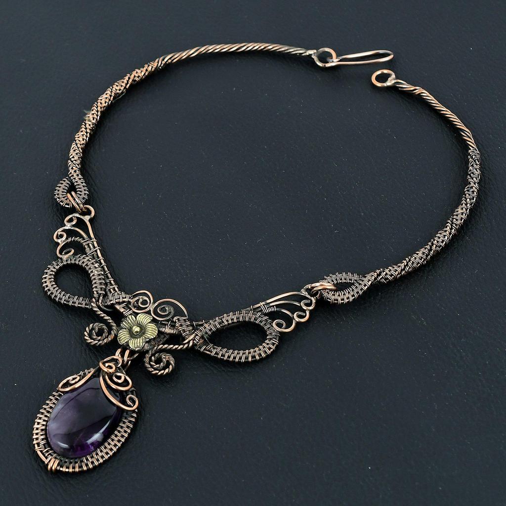 Amethyst Handmade Gemstone Necklace, 999 Copper Wire Wrapped Antique Jewelry Adjustable Chain Necklace, For Engagement Gift