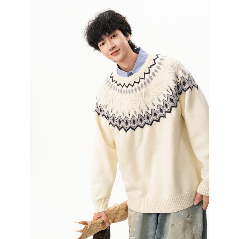 Trendy Fair Isle Cable Knit Sweater for Men, Winter American Style Versatile Crew Neck Knitwear, Vintage Lazy Style Couple's Top