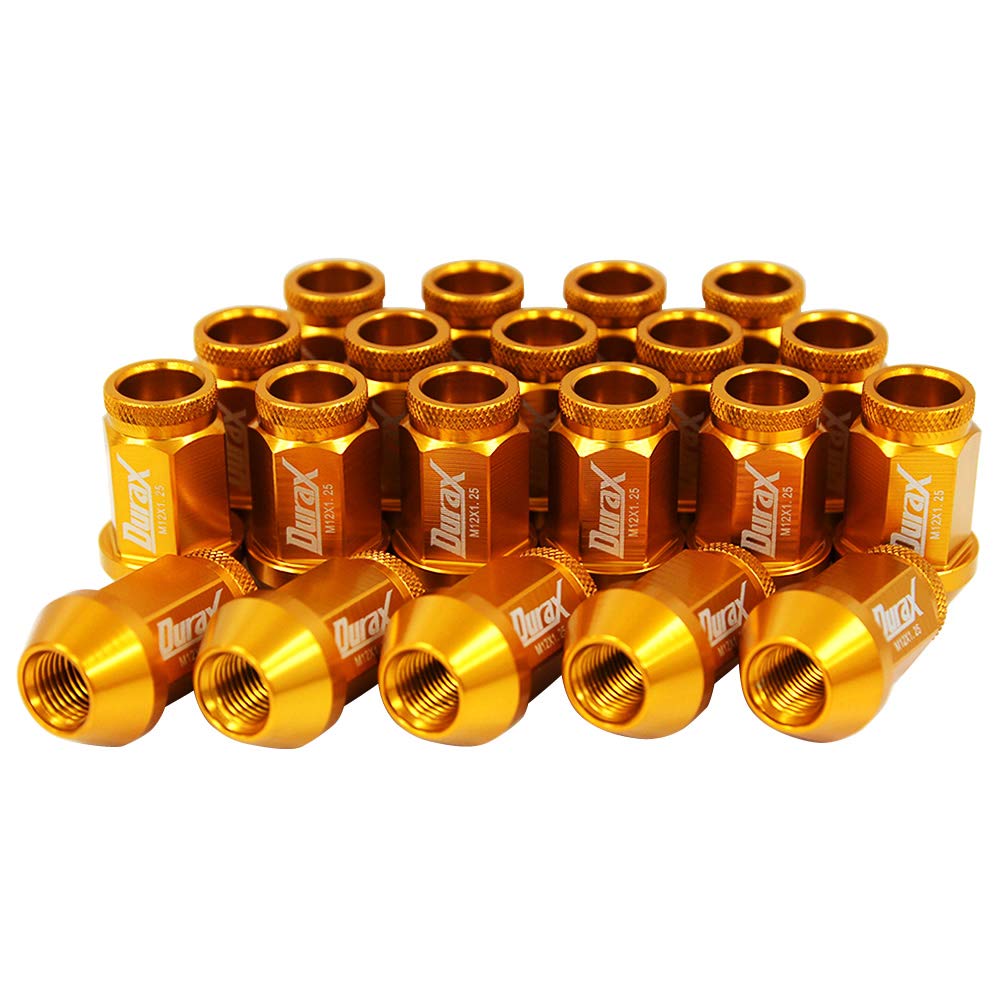 Durax Lightweight Aluminum Wheel Nuts Racing Nuts M12 P1.5 Through Nuts Short Type Set of 20 [Gold/Gold]