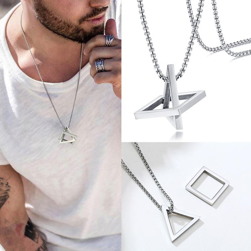 Popular Men Necklace,Interlocking Square Triangle Male Pendant,Stainless Steel Modern Trendy Geometric Necklaces,Hipster Jewelry
