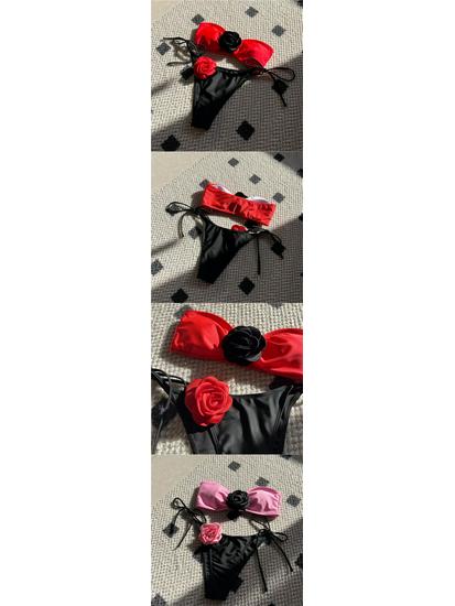 Rose Tie-Dye Color Block Two-Piece Swimsuit with Drawstring Lace-Up Bikini, European and American Style, Strapless Design 
