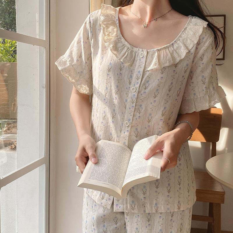 Vernis pure cotton doll collar short-sleeved trousers pajamas women's summer open button set sweet loungewear can be worn outside