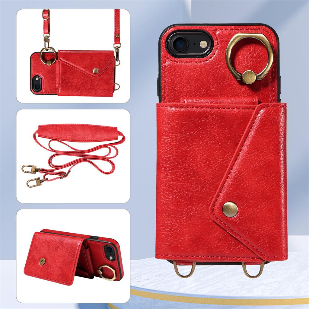 Per iPhone 6/6s/6Plus/7/8,7Plus/8Plus,iPhone SE (2020/2022) Tracolla Corda Anello Staffa Design Porta Carte Slot Copertura con Texture Litchi Custodia per Telefono