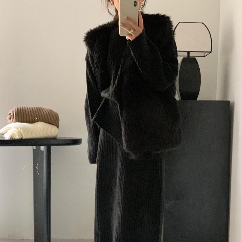 Lazy Loose Crew Neck Sweater Skirt Set Autumn and Winter Versatile Knitted Sweater Two-piece Set