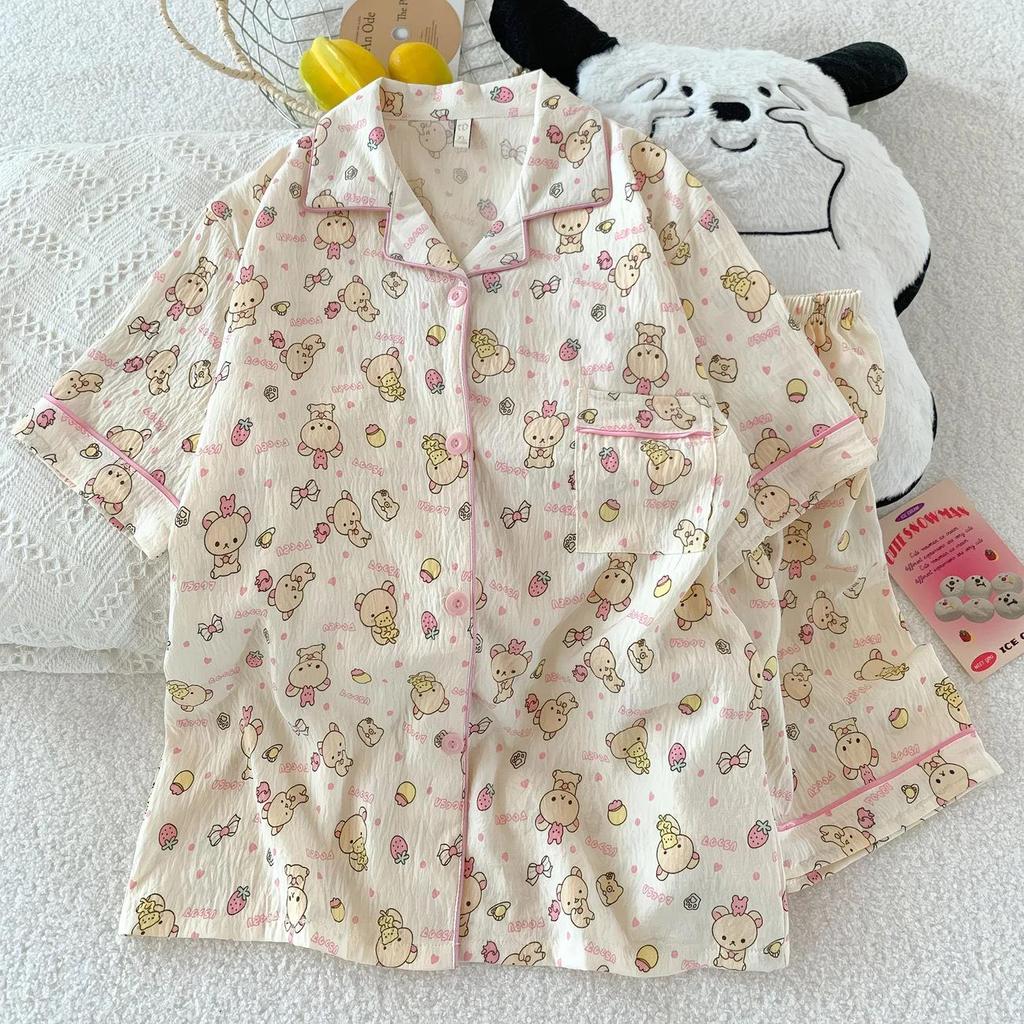Women's Cartoon Cloud Cotton Pajama Set - Cardigan, Short Sleeve, Shorts, Home Wear