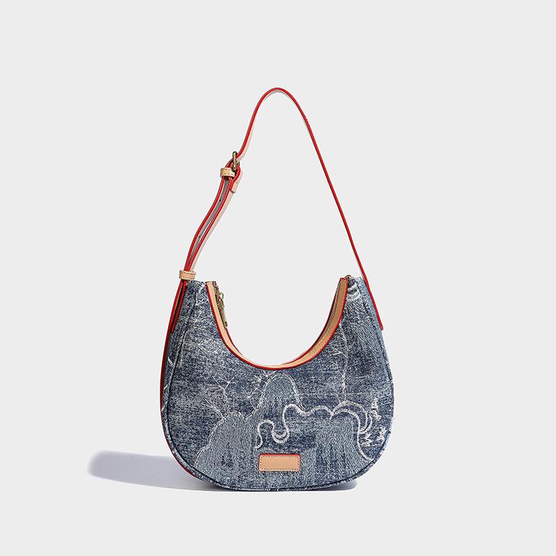 2024 Summer New High-End Niche Single-Shoulder Underarm Bag, Fashionable and Exquisite Embroidered Denim Handbag and Crossbody Bag