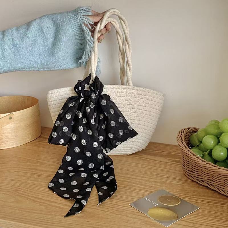 Lazy Wind Premium Retro Brown Polka Dot Long Light Luxury Tie Bag Long Hair Belt Chiffon Silk Scarf Vacation Scarf