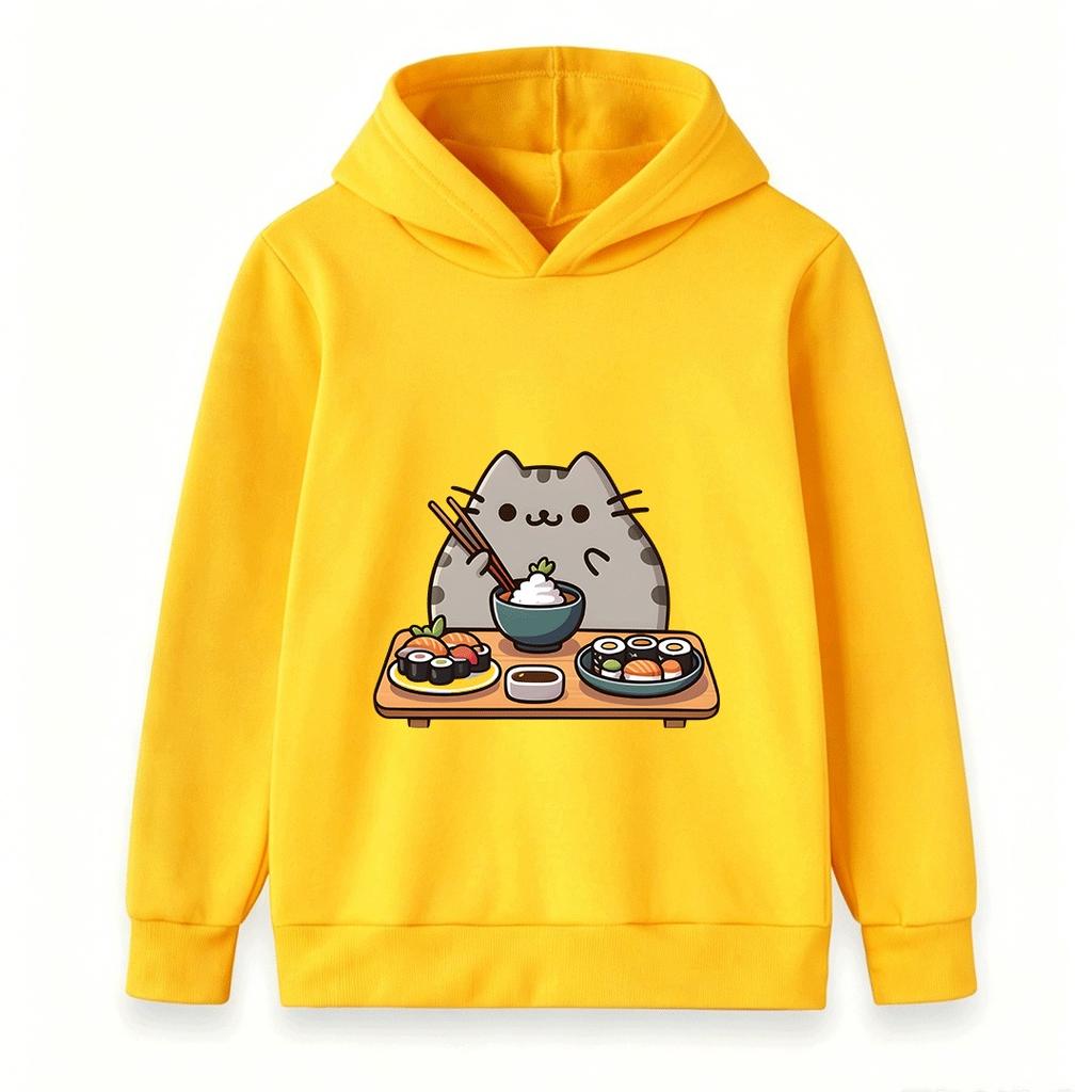 Kids Boys Girls Hooded Pullover Sweatshirt Cute Cartoon Cat Sushi Pattern Casual Soft Pullover Top for Daily Wear Gift for Sushi Lovers