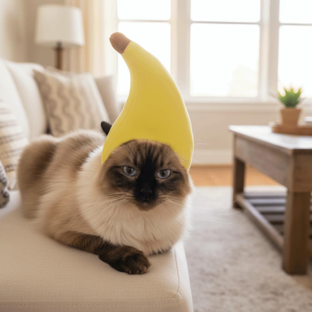 Funny Cute Banana Cat Head Cover Soft Pet Headwear Adjustable Deformable Cat Banana Headgear Pet Party