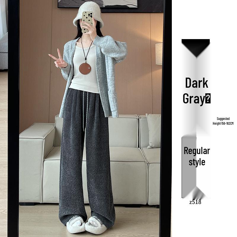 Women's Striped Wide-Leg Wool Pants, Spring/Autumn 2025: Loose, Casual, Drapey Twill with Silver Thread Detailing.