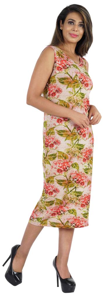 Bimba Printed Bodycon Midi Dress For Women Casual Sleeveless Viscose Jersey