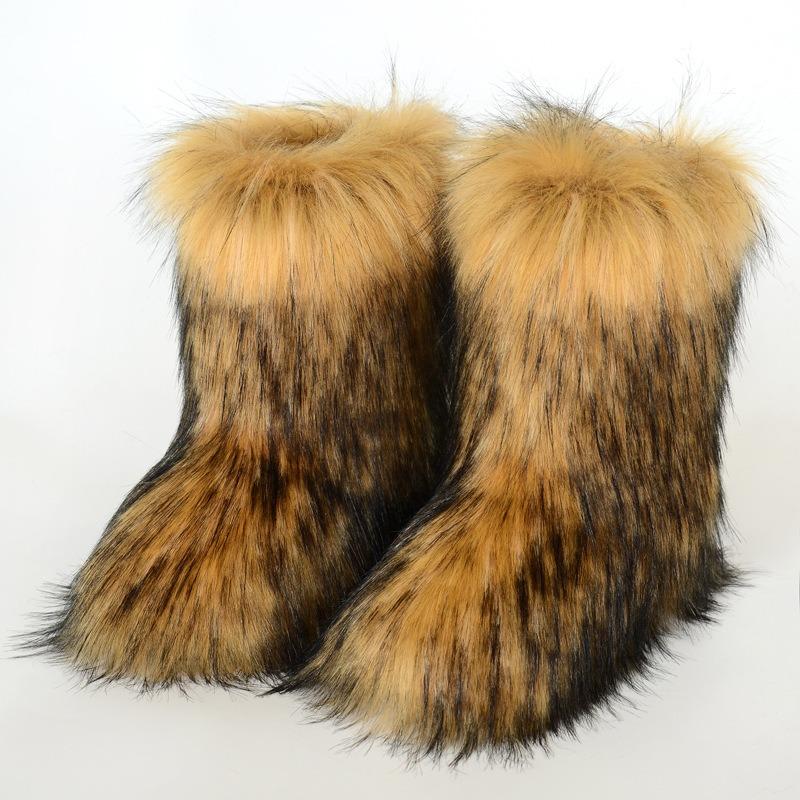 Mao Mao Stiefel Damen Warm Rutschfest Imitation Fuchs Mittelhoher Schaft Imitation Waschbärfell Winter Schneestiefel