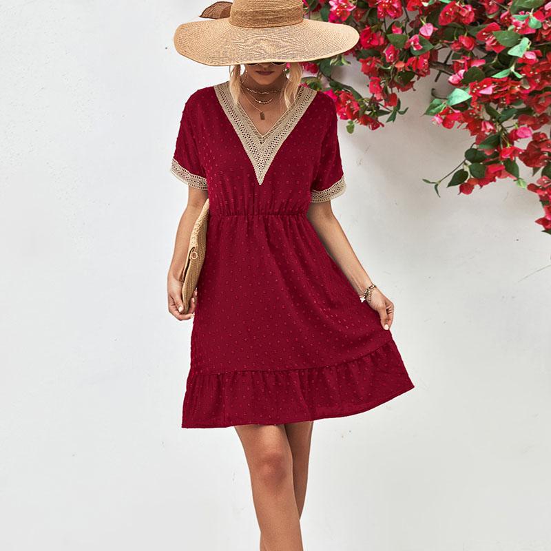 

Женское летнее повседневное элегантное цельное платье с коротким рукавом и V-образным вырезом XL вино красного