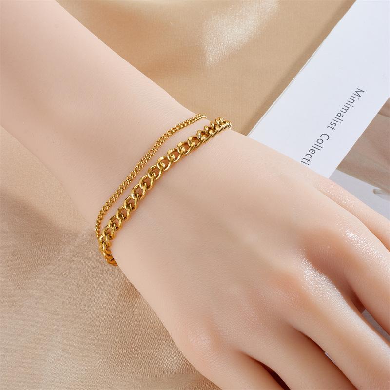 Gold Plated Double Layer Curb Chain Bracelet, Dainty Adjustable Miami Cuban Link for Women, Trendy Streetwear Jewelry