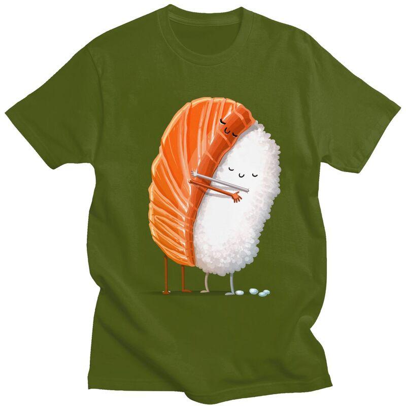 Anpassade Söta Sushi-Kram T-shirts för Män Kortärmad Fritids-T-shirt Cool Tecknad Japansk Mat T-shirt Lös Passform 100% Bomull T-shirts