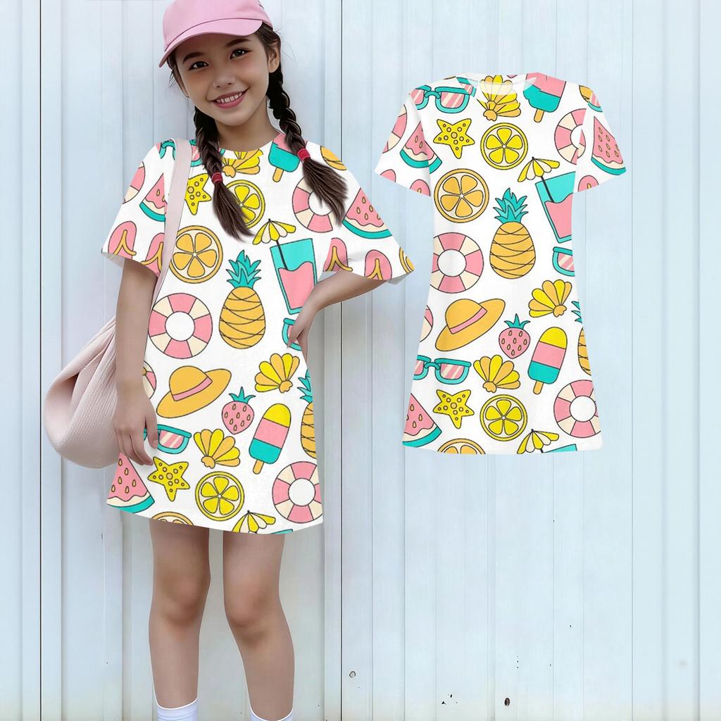 Girls Print Casual Dress Kids Loose Round Neck Short Sleeve Thin Sundress