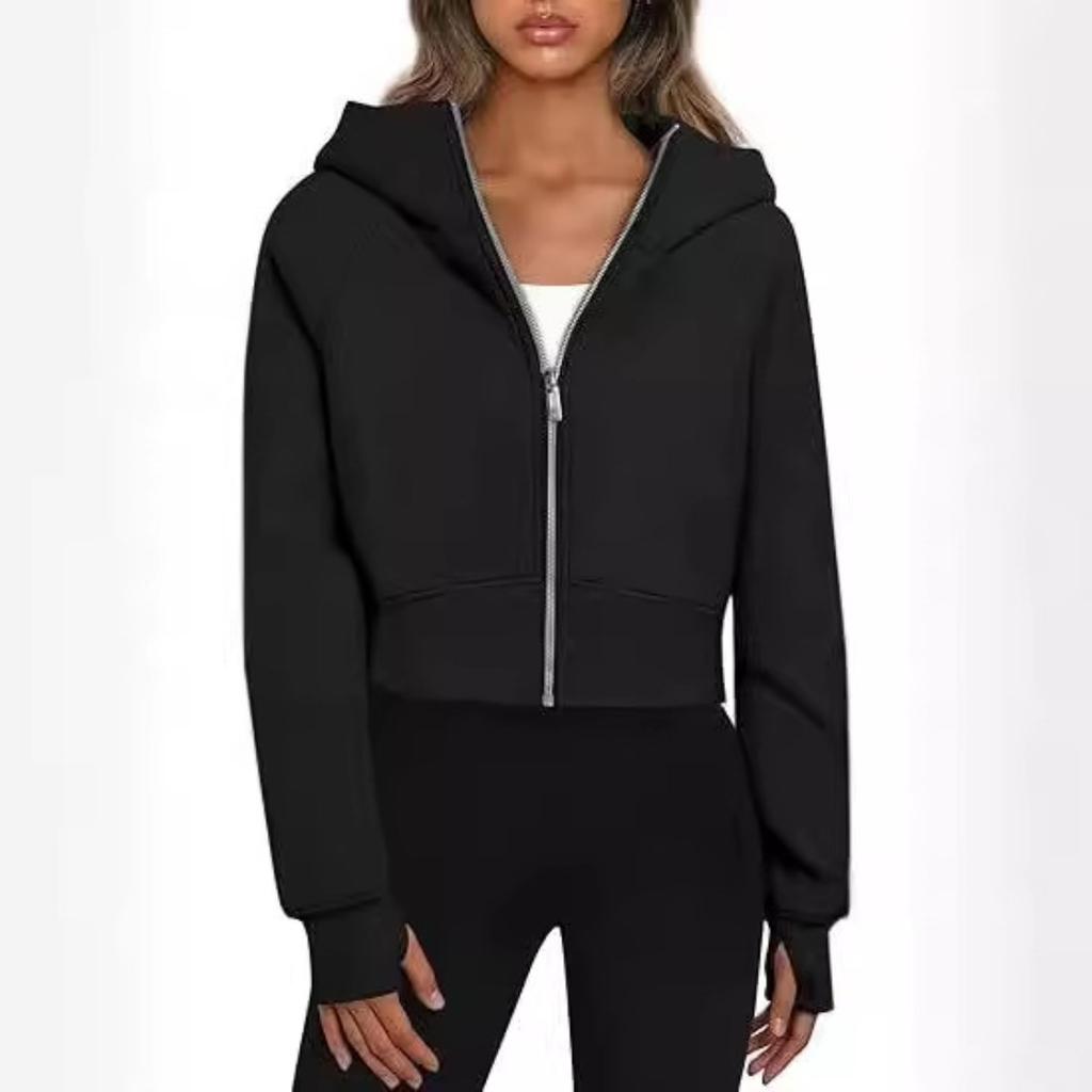 Women's Fleece Lined Hooded Zip Up Cropped Casual Long Sleeve Sweatshirt, European American Style Casual Tops Leisure Trade
