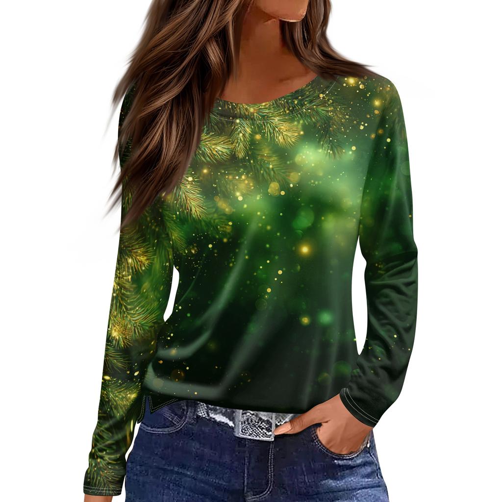 Damenmode Casual Schlitz Saum Rundhals Langarm Lose Bedrucktes T-Shirt Damen Top Weihnachten